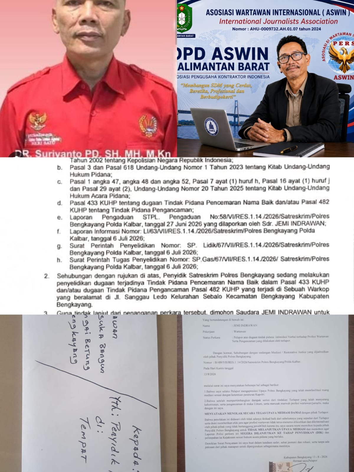 ASWIN Kalbar dan DPP PWRI Desak Polres Bengkayang Usut Tuntas Dugaan Intimidasi dan Pencemaran Nama Baik Wartawan